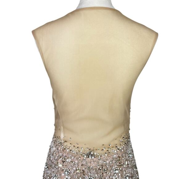 Terani Couture NEW Tan Sheer Mesh Rhinestone Sequin Beaded Mini Formal Dress - Picture 7 of 16